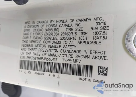 2018 Honda Cr-V Touring from USA, damaged, VIN 2HKRW1H98JH510437